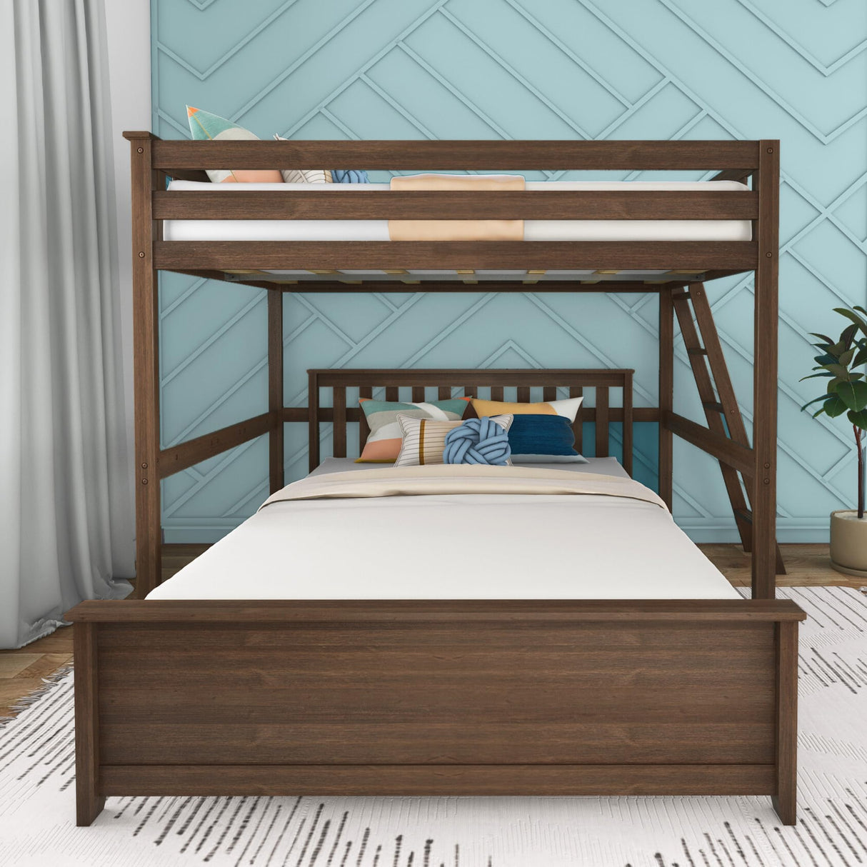 Max & Lily L-Shaped Full-Over-Queen Bunk Bed Frame in Walnut with End Ladder for Kids Max & Lily