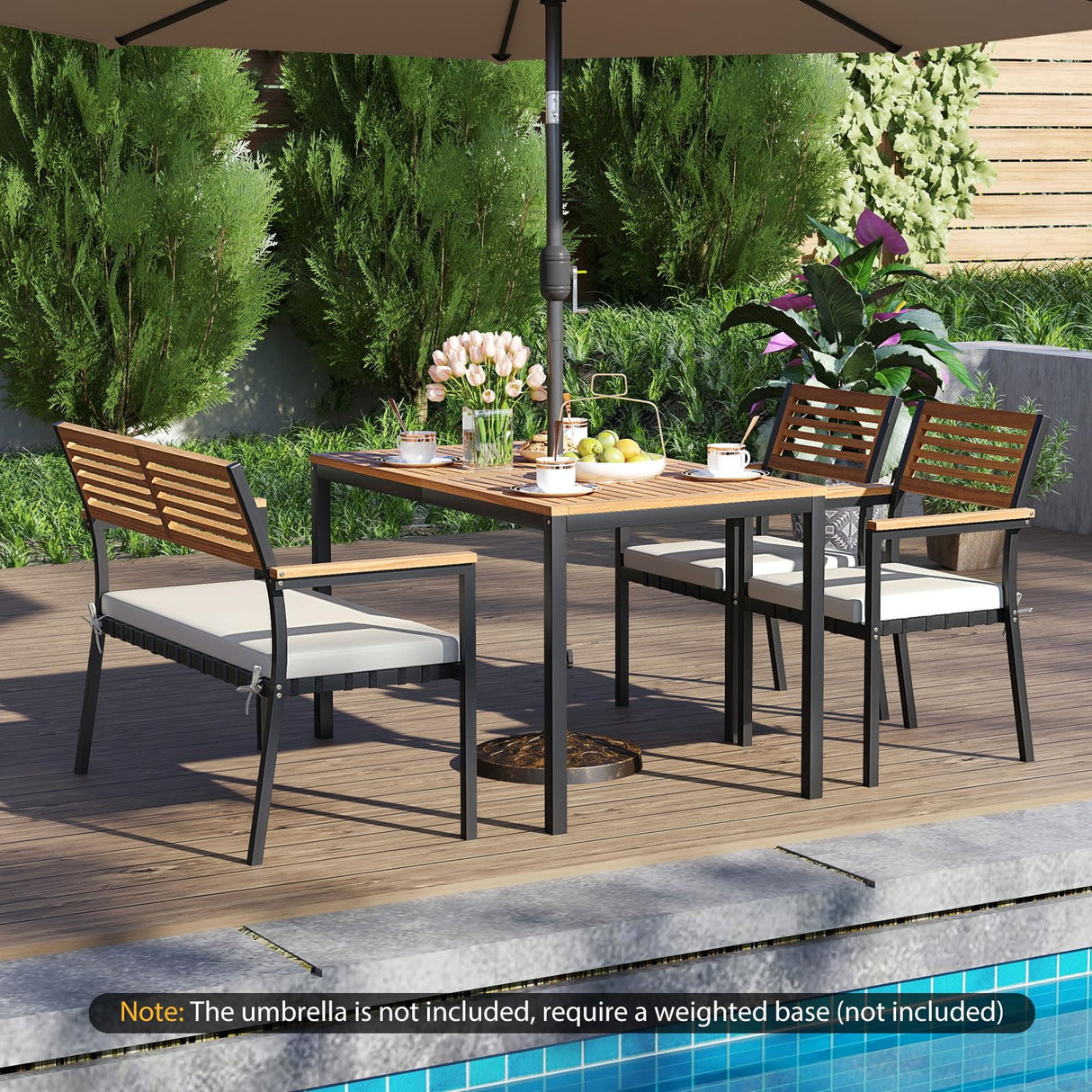 Tangkula 4 Piece Patio Dining Furniture Set, Outdoor Dining Chair Set for 4 w/Acacia Wood & Metal Frame, Umbrella Hole, 1 Table, 2 Armchairs, 1 Bench for Lawn, Garden, Backyard, Porch (Off White) Tangkula
