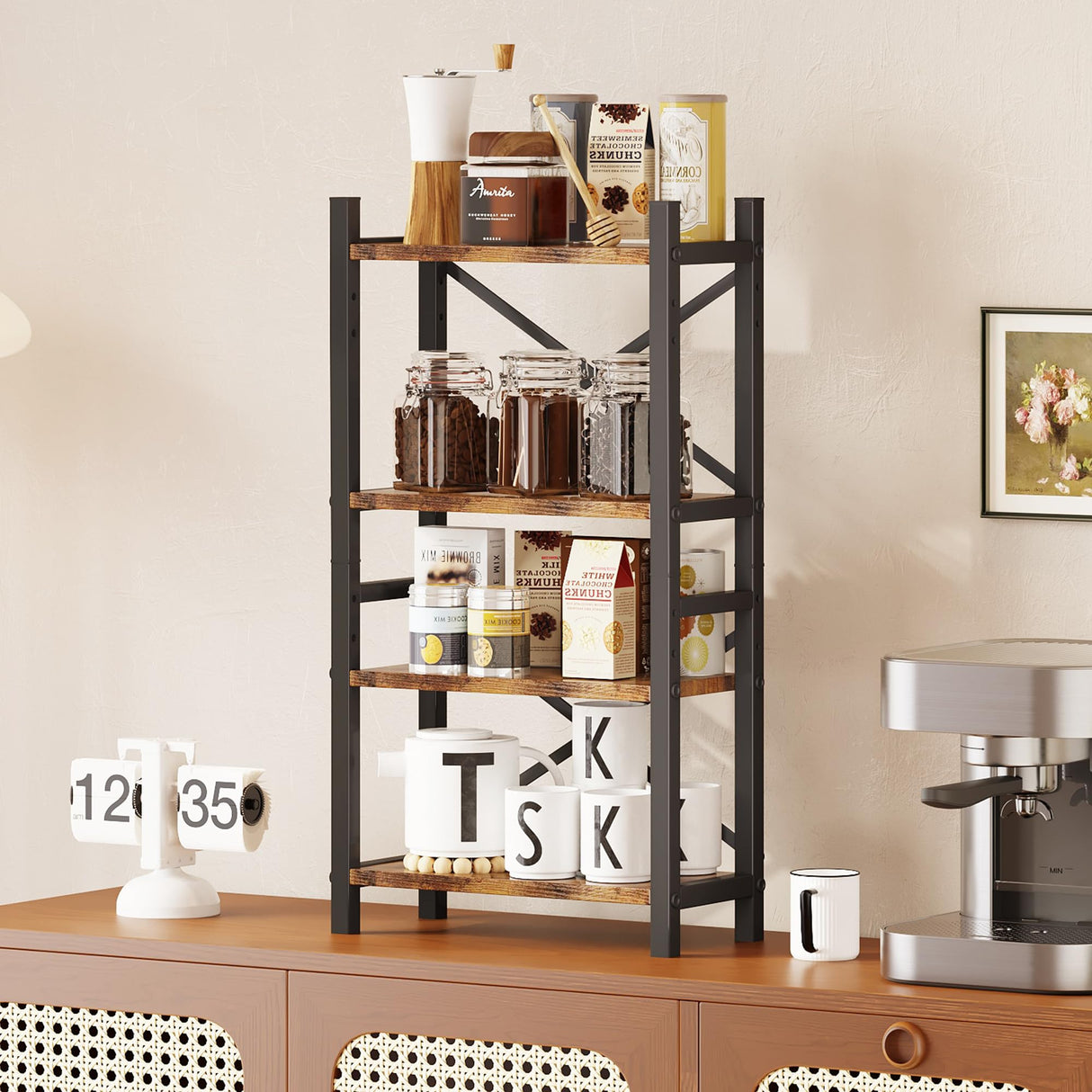 Desktop Bookshelf, 4-Tier Stackable Narrow Bookcase, Adjustable Industrial Desk Organizer & Hutch - Rustic Brown Wood Desktop Book Organizer for Living Room, Bedroom & Home Office Homeiju