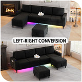 HYZQ Sectional Couches for Living Room, 4 Seat Linen Sectional Sofa with Reversible Chaise Lounge/Storage Ottoman, U Shaped Couch with Smart Module-Wireless Charging/USB/Type-C/RGB Light (Black) HYZQ