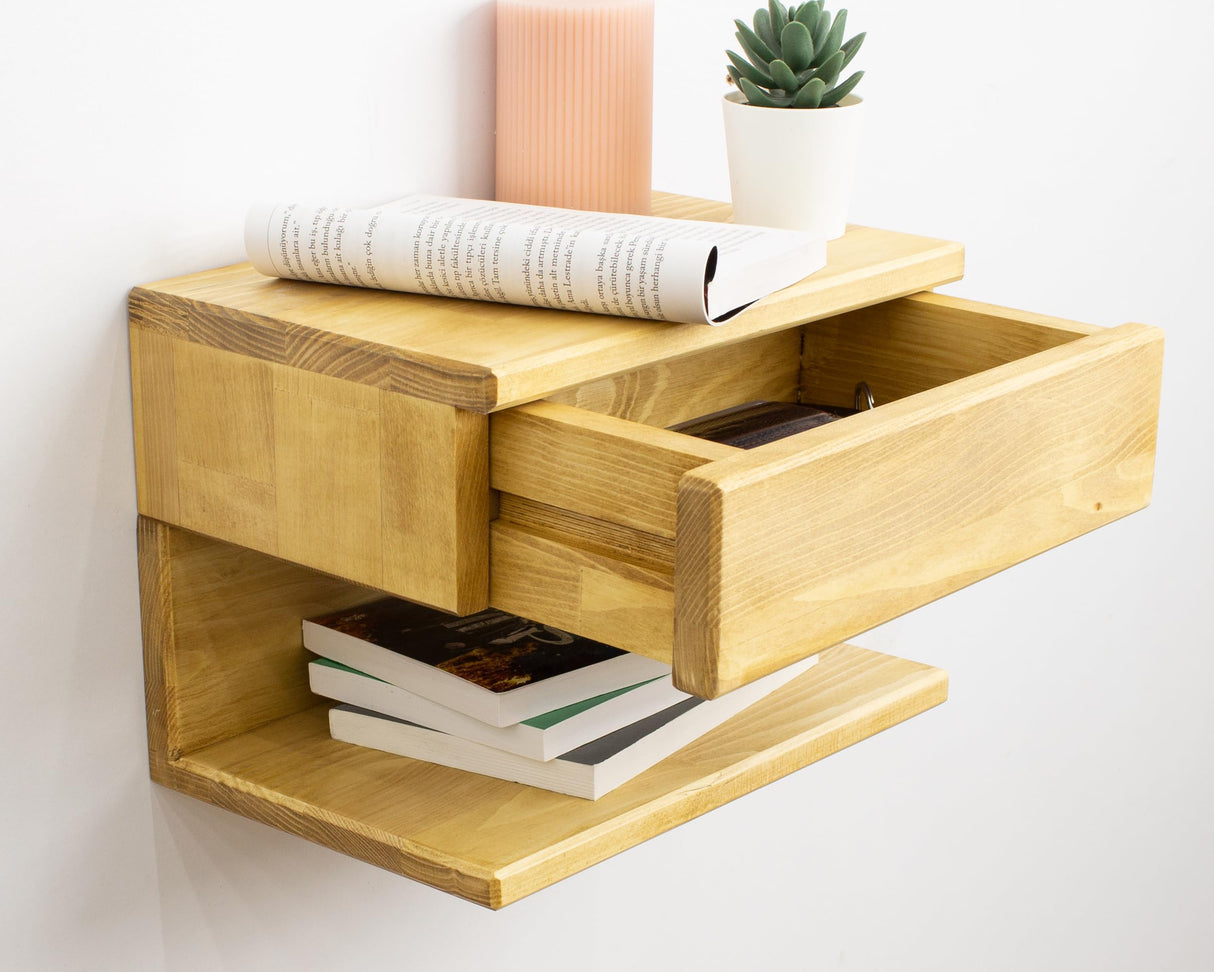 WOODCHES Floating Nightstand Side Accent or End Table with Storage Drawer, Wood Bedside Shelf, Handmade Floating Table (MADRID) WOODCHES