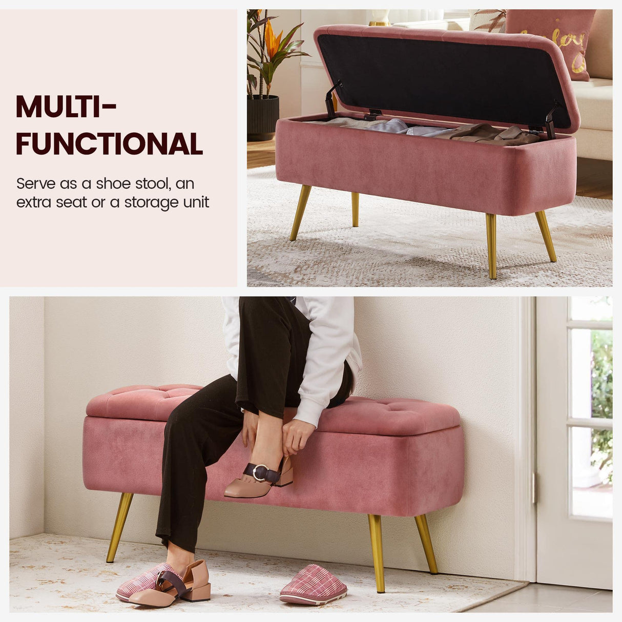 Yaheetech 42 Inches Ottoman with Floding Velvet Storage Bench Foot Stool for Living Room, Bedroom, Entryway Pink Yaheetech