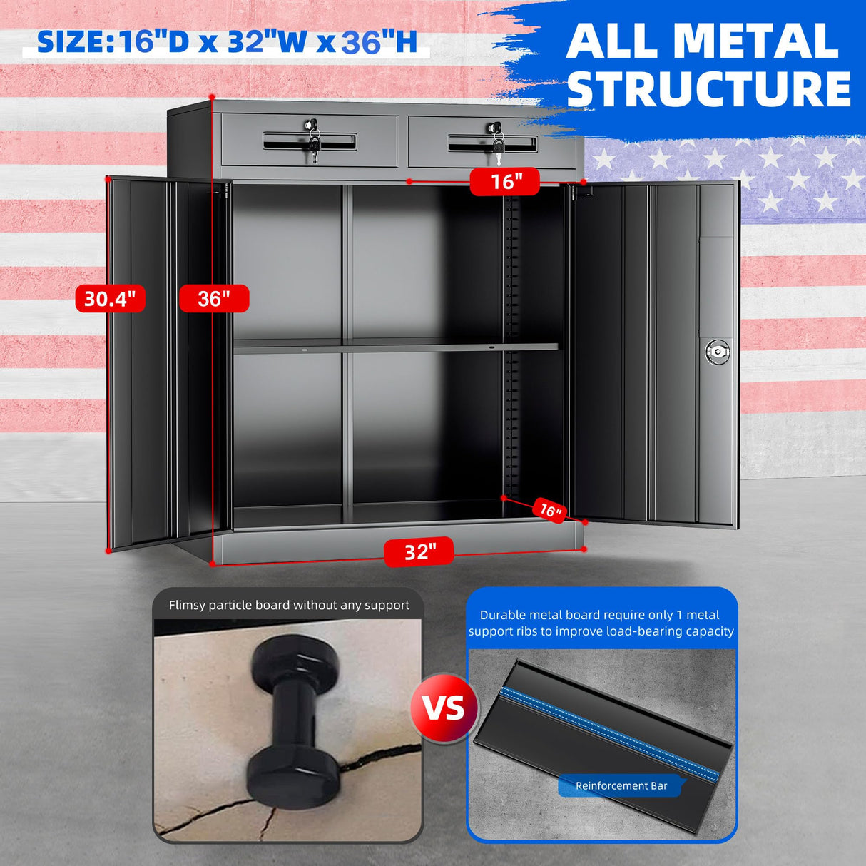 Superday 36" Locking Metal Storage Cabinet with 2 Drawers, Lockable Garage Storage Cabinet with Locking Doors and Adjustable Shelves, Black Tool Cabinet for Home Office, School, Etc Superday