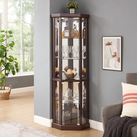 nifoti 69" H Lighted Curio Cabinet Corner Display Case,Corner Glass Cabinet with Tempered Glass Door and Adjustable Shelves,Wooden Corner Curio Cabinet with Mirrored Back Pane (Style 1 - Dark Cherry) nifoti