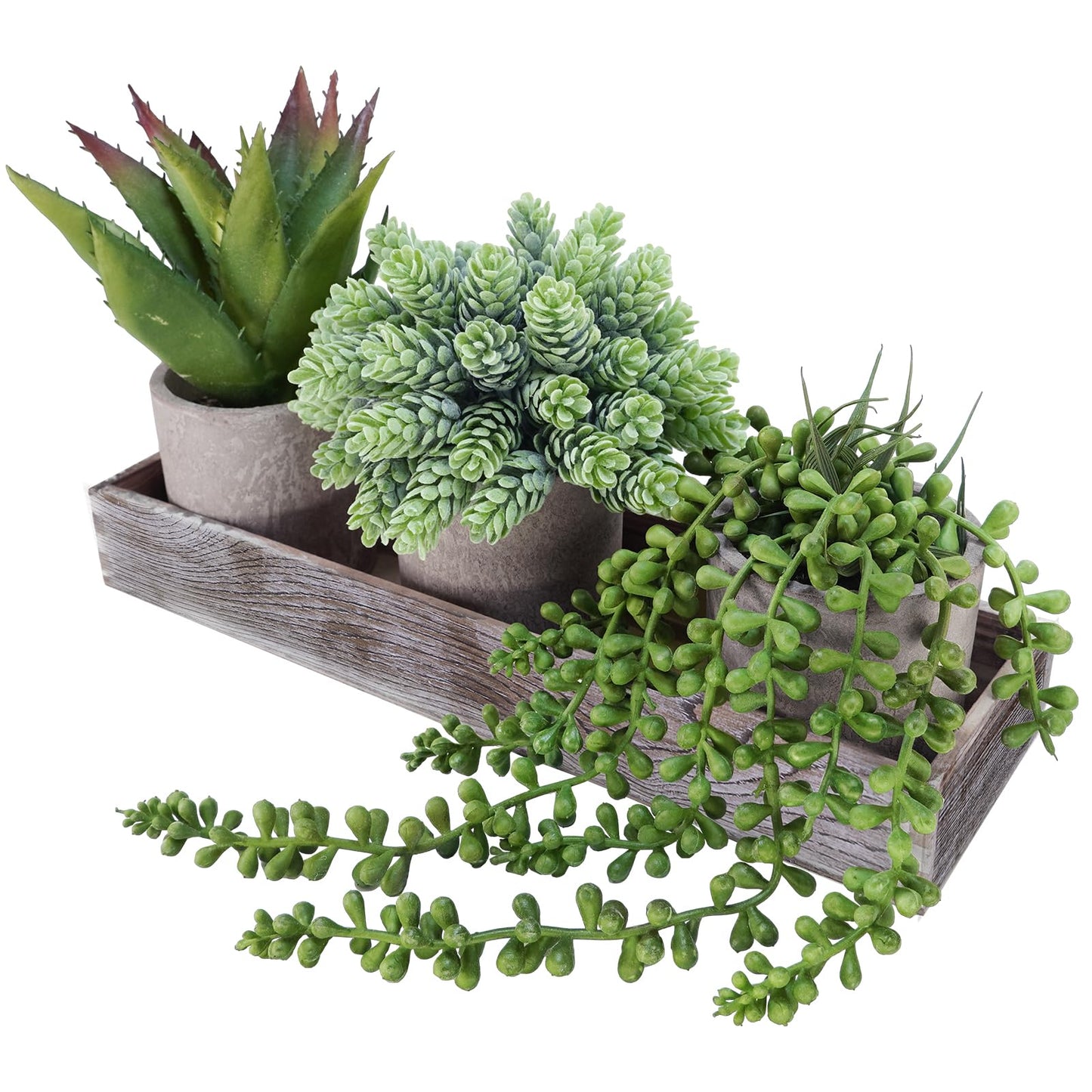 Winlyn Set of 3 Mini Potted Artificial Succulent Arrangement Faux String of Pearls Aloe Hops Succulent Plants in Rustic Decorative Wood Planter for Farmhouse Tabletop Shelves Indoor Greenery  - WoodArtSupply