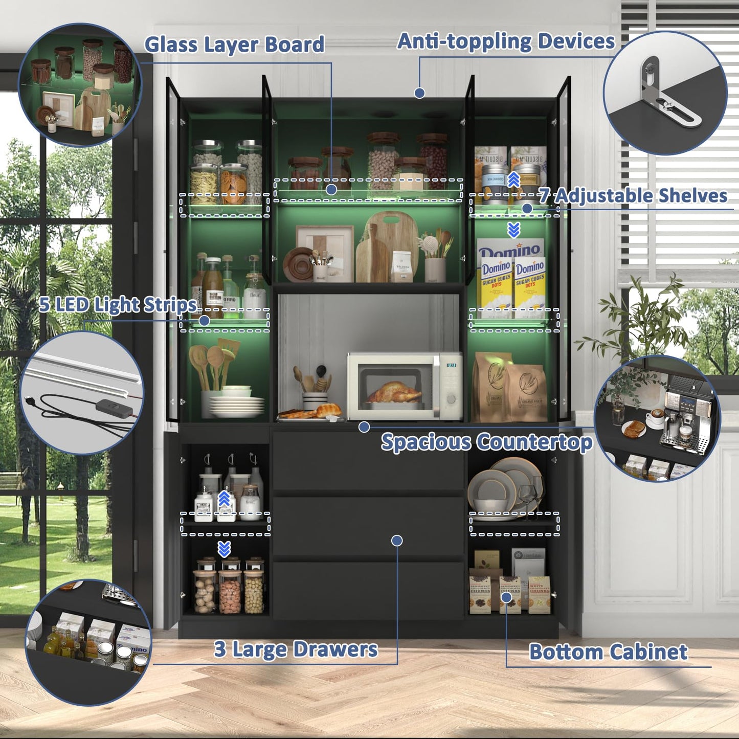 ZORPLIX Large Glass Display Cabinet with LED Lights, Display Cabinet with 4 Glass Doors, Storage Cabinet with Adjustable Shelves and 3 Drawer, Curio Cabinet for Collectibles, Living Room, Kitchen