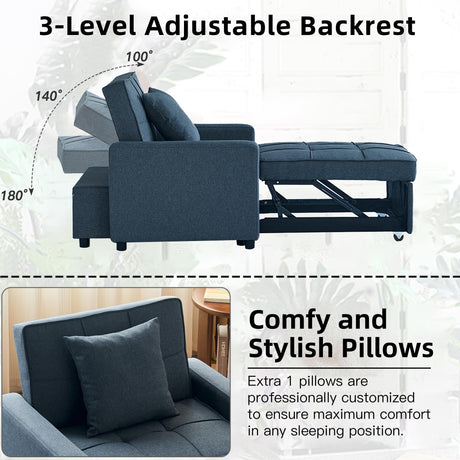 Yosonch Sofa Bed Chair Convertible ，Sleeper Sofa with Pull-Out Bed ，3-in-1 Futon Couch with Reclining Backrest and Side Pocket (Blue, 35.6‘) Yosonch