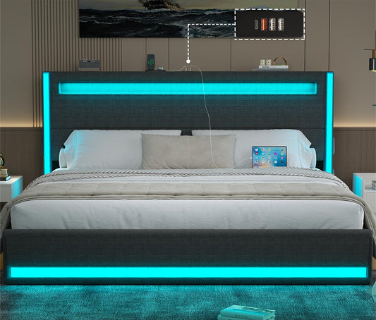 CSZZD Adjustable King Size Bed Frame with LED Lighting and USB Charging Station, Dark Grey - WoodArtSupply