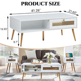 Wooden Mid Century Modern Coffee Table, Retangle Coffee Table with Sliding Door for Living Room, White KACVON