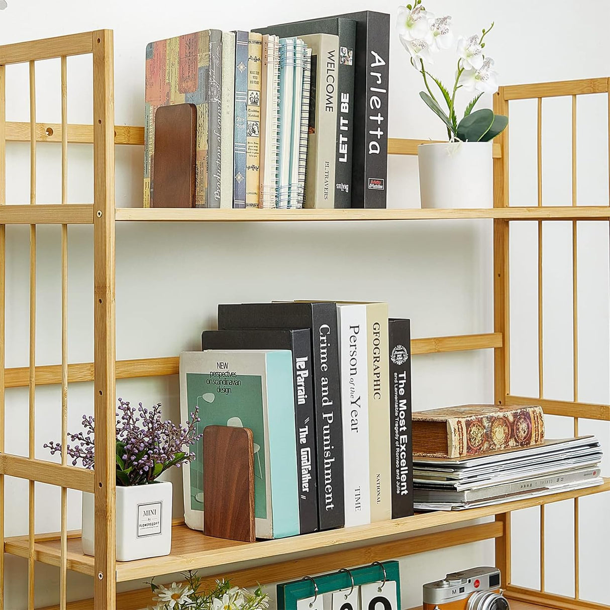 Eaasty 4 Pairs Wood Book Ends Walnut Bookends 5.2 x 3.2 x 4.2 Inches Sturdy Book Stoppers Book Holder Office Desk Decor Wood Desk Accessories Large Office Book Stand for Books, Decorative Book Shelf Eaasty