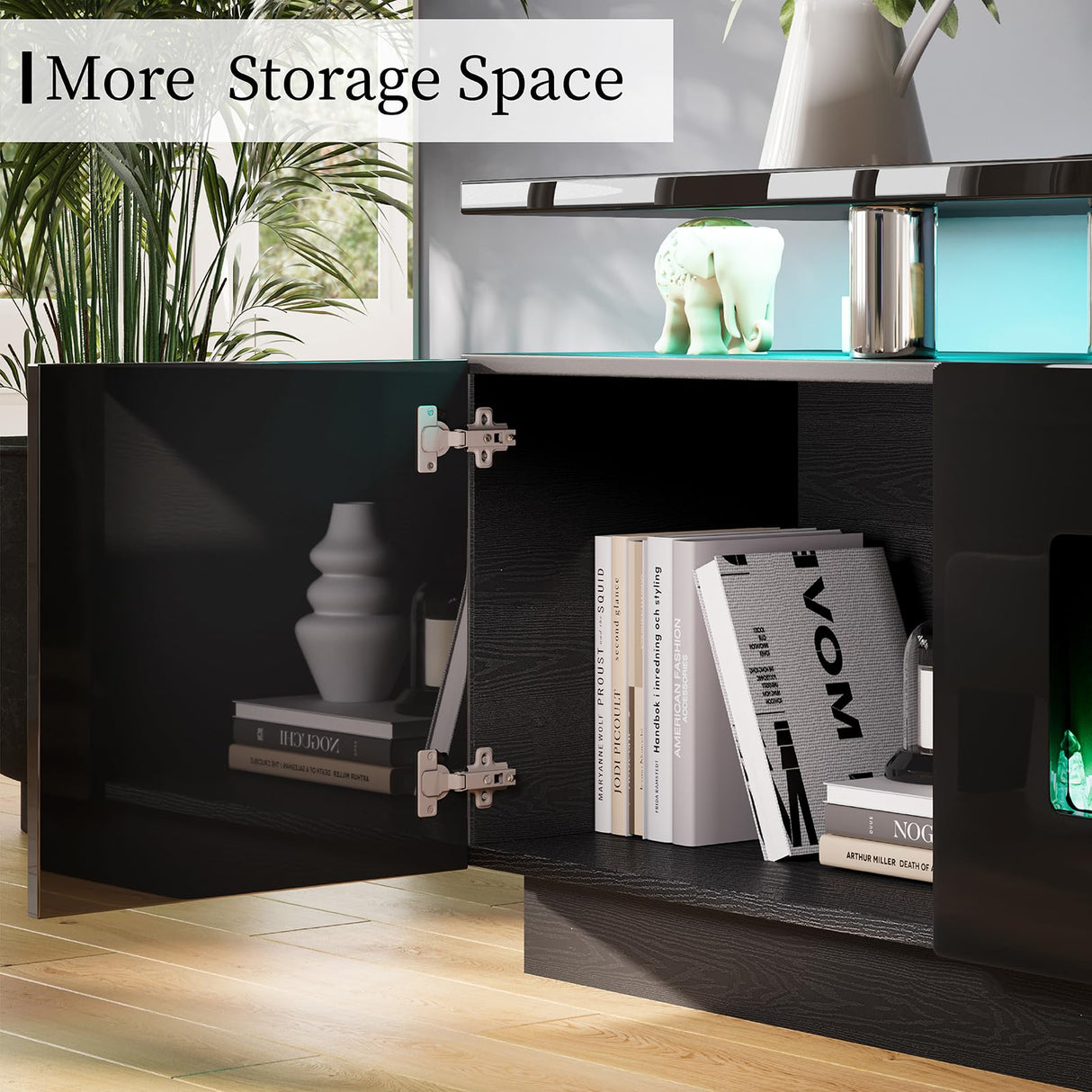 AMERLIFE Fireplace TV Stand with 40" Fireplace, 80" Modern High Gloss Fireplace Entertainment Center LED Lights, 2 Tier TV Console Cabinet for TVs Up to 90", Obsidian Black AMERLIFE