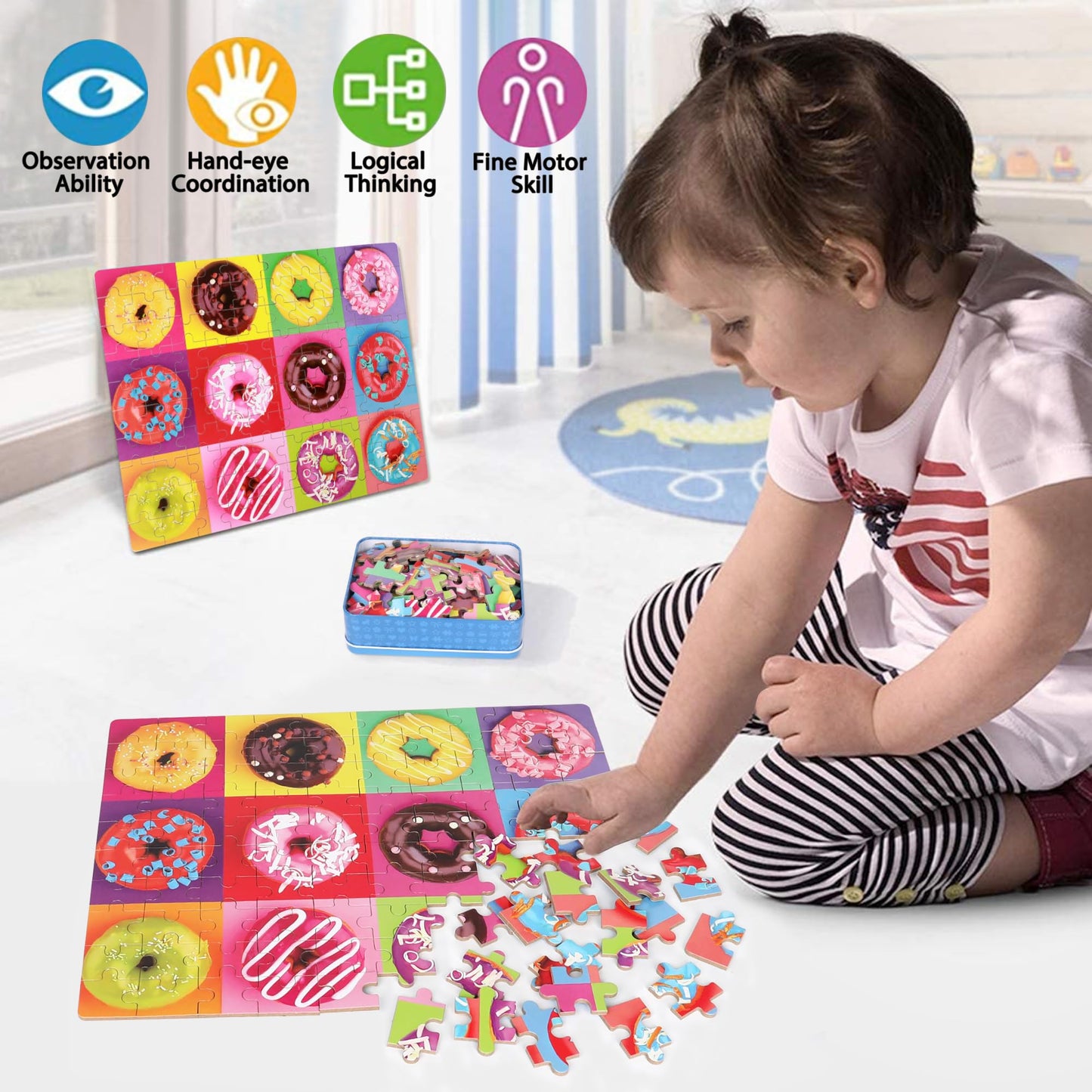 LELEMON Puzzles for Kids Ages 4-8,Donut Puzzle 100 Piece Puzzles for Kids in a Metal Box, Educational Kids Puzzles Jigsaw Puzzles 100 Piece Puzzle Games Puzzle Toys for Girls and Boys