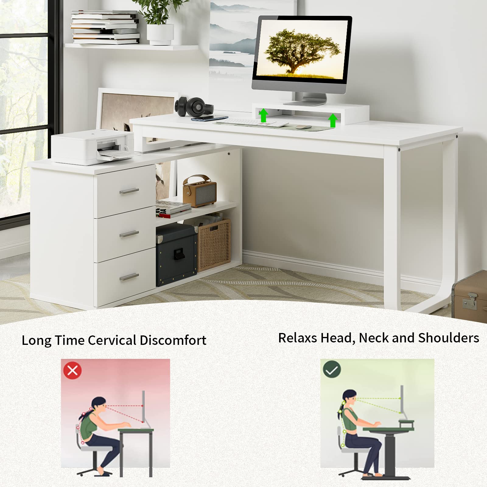 HOMBCK L Shaped Desk with Storage, White Desk Reversible L Shaped Desk with 3 Drawers and File Cabinet, Corner Desk with Hutch and Shelves, Long Computer Desk for Home Office, White - WoodArtSupply