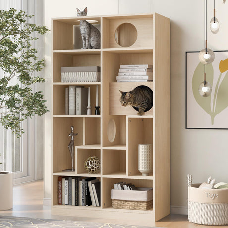 EMOBACO Bookcase Wooden Cat Tree, Natural Bookshelf Indoor Cat House Pet Furniture, Display Case with Storage, Cat Litter Box Enclosure Climbing Shelf EMOBACO
