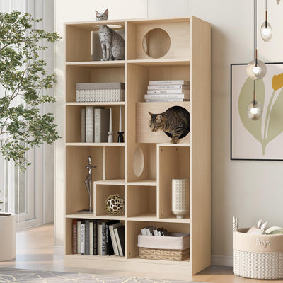 EMOBACO Bookcase Wooden Cat Tree, Natural Bookshelf Indoor Cat House Pet Furniture, Display Case with Storage, Cat Litter Box Enclosure Climbing Shelf