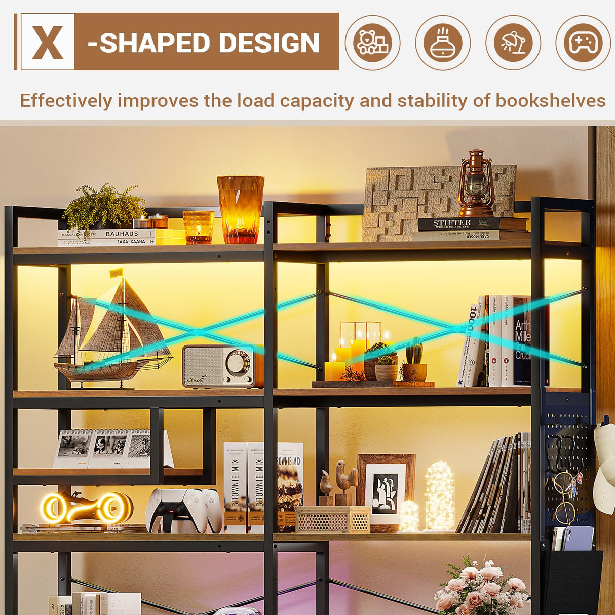 Itaar 5-Tier Convertible Corner Bookshelf with LED Light, Pegboard & Storage Bag in Rustic Brown Itaar