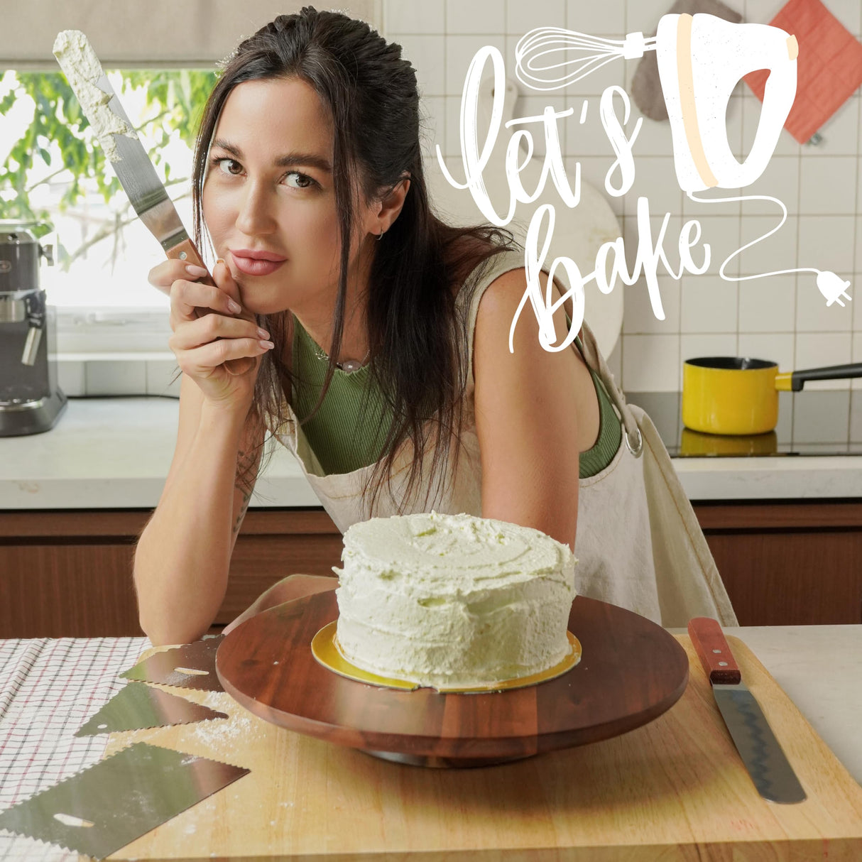 TIDITA 13" Acacia Cake Stand Rotating – Rustic Wood Turntable Pedestal Stands – Wooden Spinning Tables for Food Serving - Round Cake Decorating for Cupcake Dessert Display in Party, Wedding, Birthday Tidita