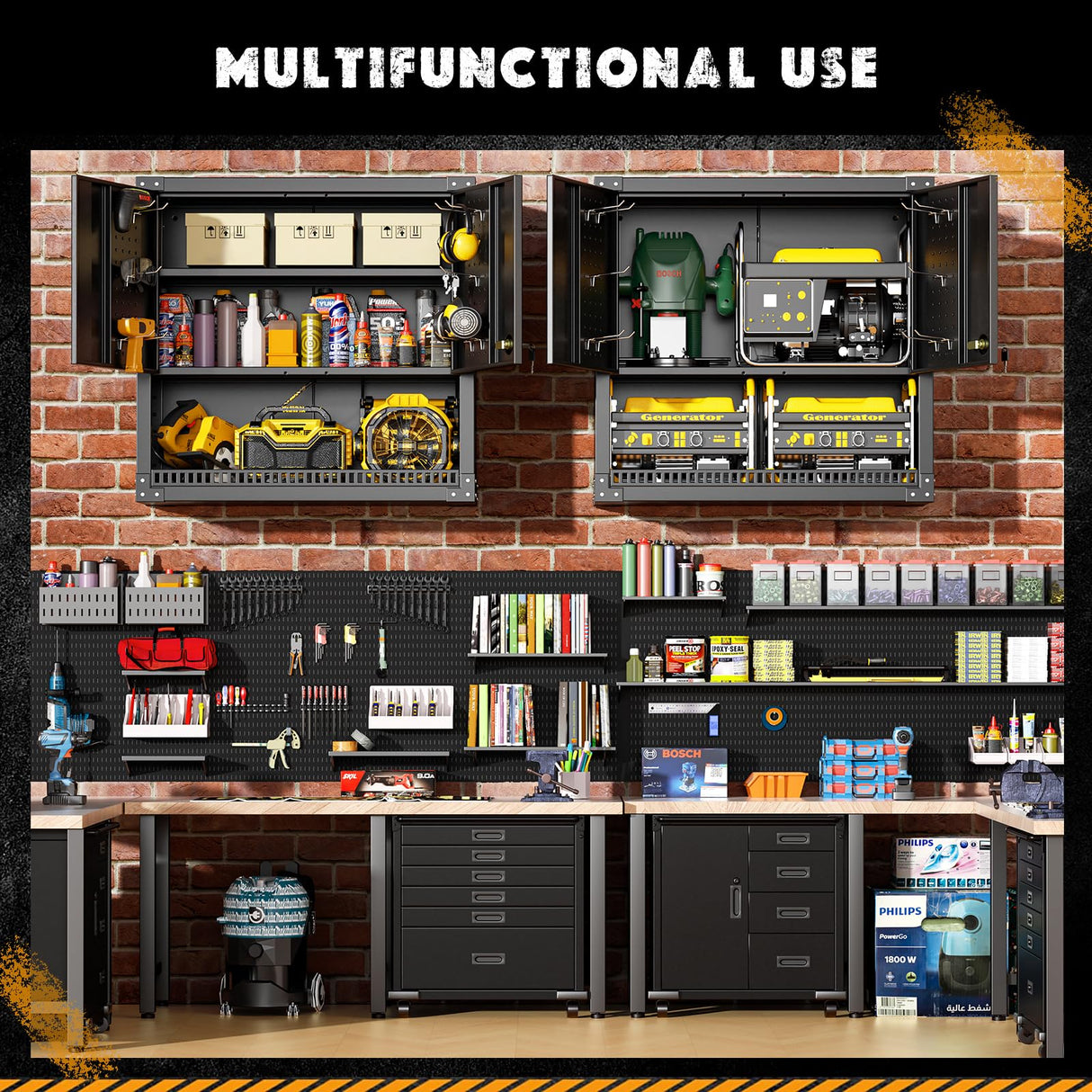 Greenvelly Metal Wall Cabinet with Locking Door, Black Wall Mounted Metal Storage Cabinet with Pegboard and Adjustable Shelf, Steel Tool Cabinet for Garage, Basement, Kitchen, Warehouse Greenvelly