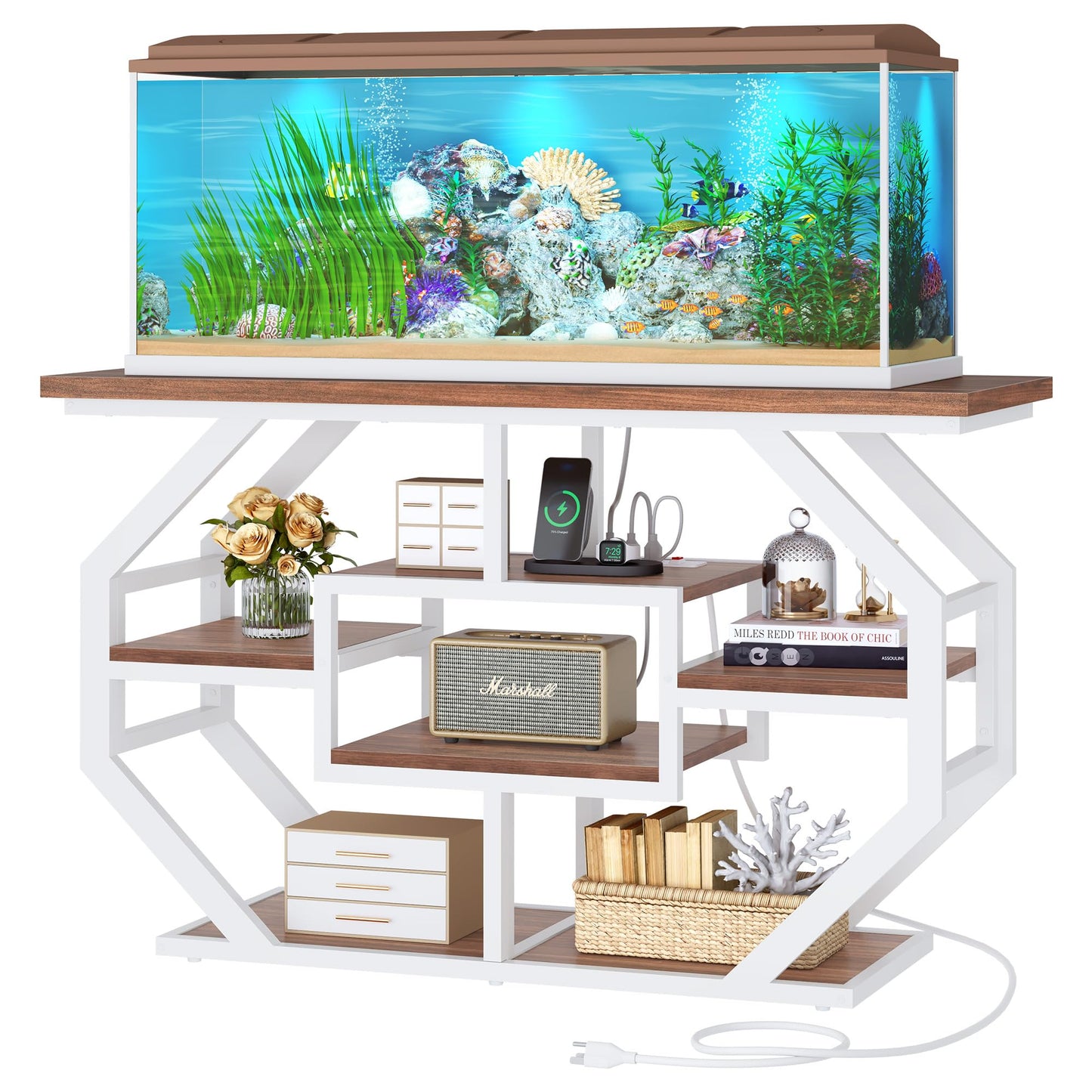 DWVO 55-75 Gallon Aquarium Stand with Power Outlet, Display Stand for Turtle Tank, Reptile Terrarium, Metal Fish Tank Stand Suitable for Living Room, Entryway, 860LBS Capacity, White & Walnut - WoodArtSupply