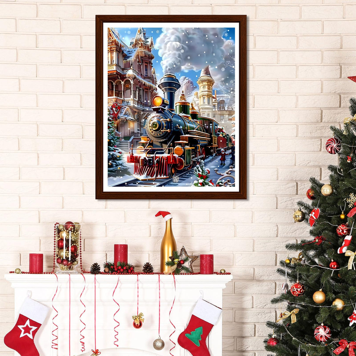 EMIEAUFG Christmas Diamond Art Kits for Adults, Christmas Train Diamond Paiting Kit for Beginners, 5D DIY Round Full Drill Craft Diamond Dot Gem Art, Home Wall Decor 12" x 16" EMIEAUFG