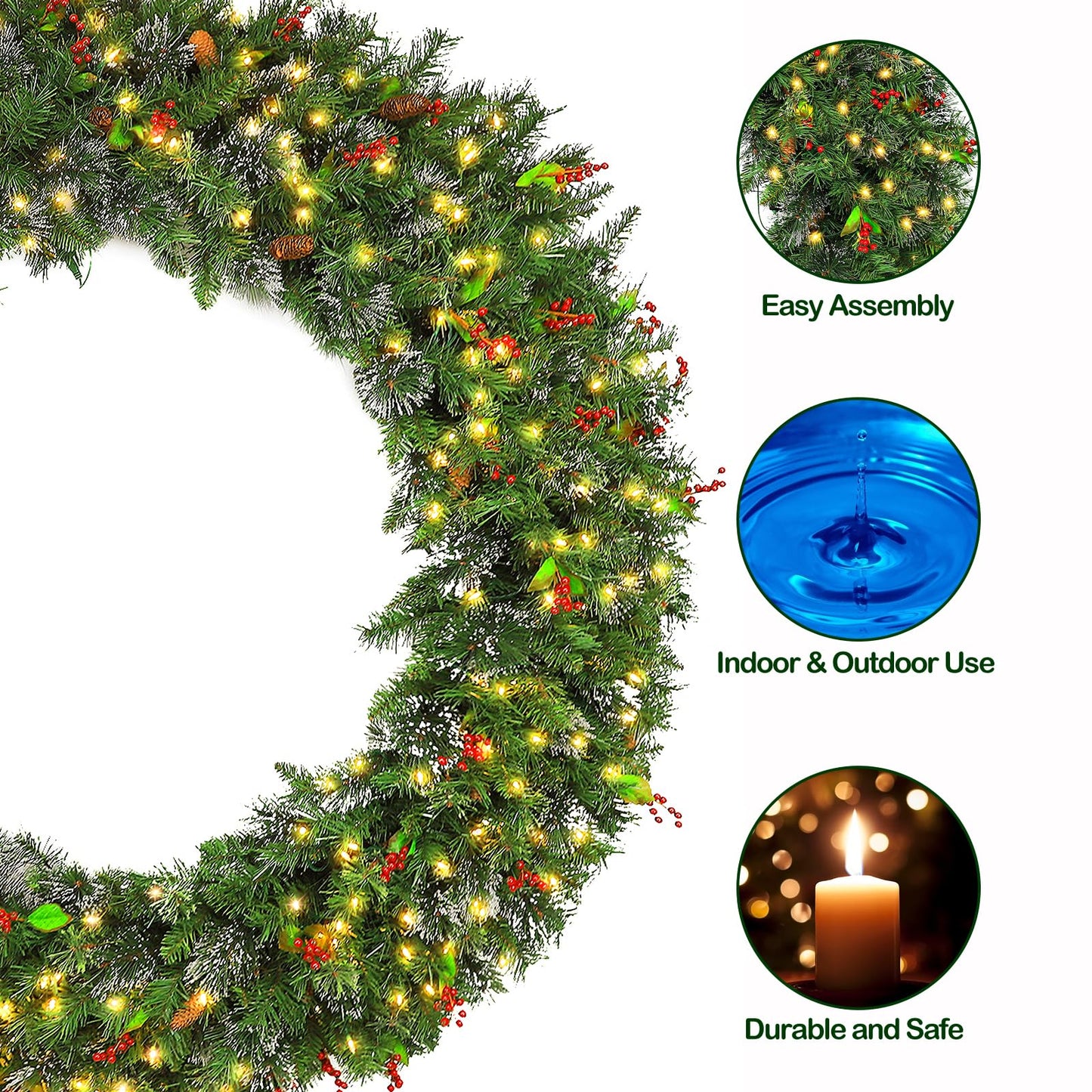 Hykolity 48 in. Large Pre-Lit Christmas Wreath with 200 Warm White LED Lights, 434 Branch Tips, Artificial Wintry Pine Wreath with Timer, Pinecones & Red Berries, Plug in