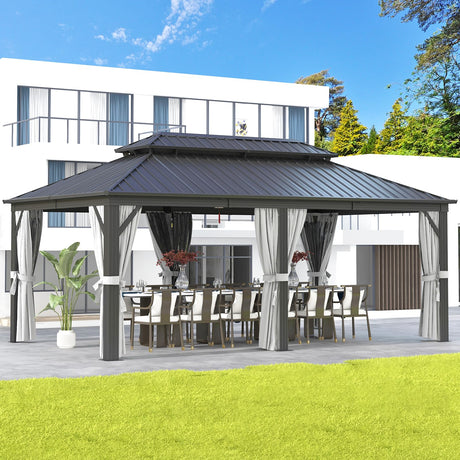 Aoxun Hardtop Gazebo 12FT X 20FT, Galvanized Steel Double Top, Aluminum Metal Gazebo with Netting and Curtains, Permanent Gazebo Pavilion for Outdoor Dining, Wedding, Party Aoxun