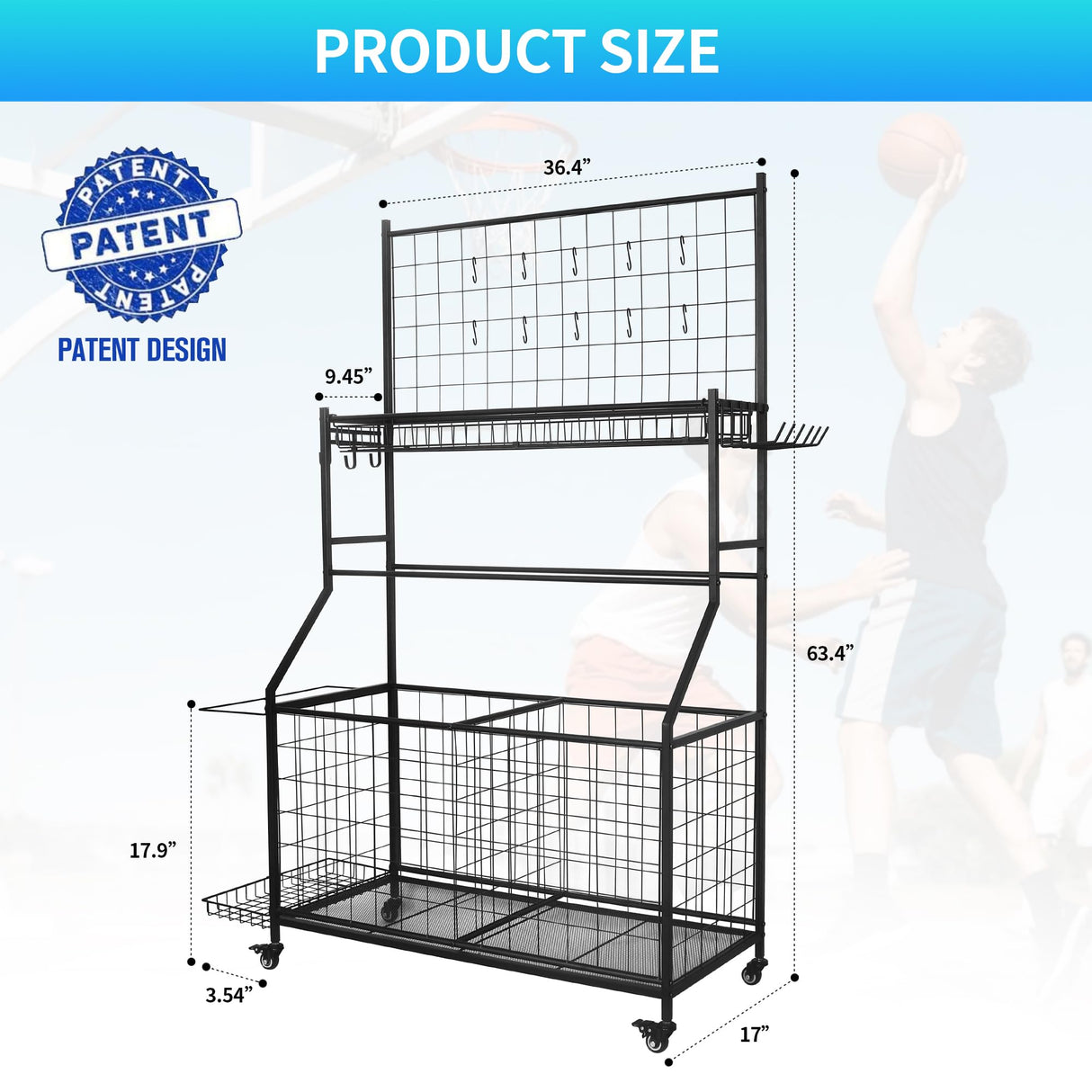 MUONM Sports Equipment Organizer,Garage Ball Storage Rack with Basketball Rack,Golf Bag Organizer Toy Sports Gear Storage with Hooks and Rolling Wheels Cart,Black MUONM