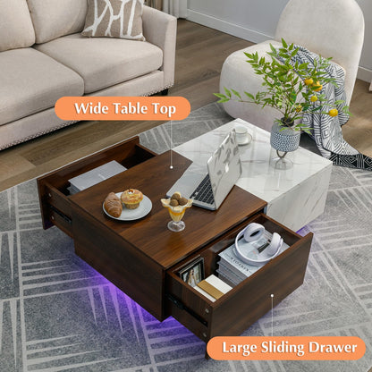 COSVALVE 43" LED Coffee Table for Living Room, Marble Coffee Tables with 2 Storage Drawers, Modern Center Table with 24 Colors LED Light, Walnut and White - WoodArtSupply