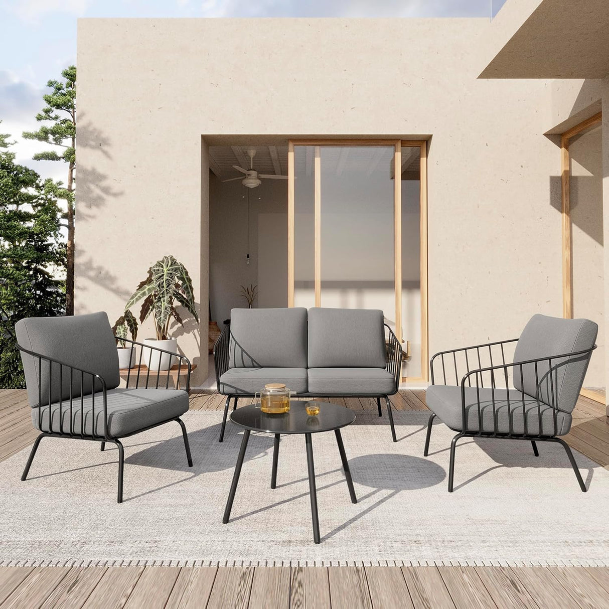 EAST OAK 4-Piece Plaza Patio Furniture Set, Outdoor Furniture for Balcony, Poolside, and Yard, with Thick Cushion Sofa and Coffee Table, Modern Patio Conversation Set, Black & Grey EAST OAK