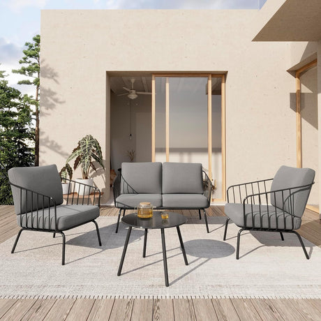 EAST OAK 4-Piece Plaza Patio Furniture Set, Outdoor Furniture for Balcony, Poolside, and Yard, with Thick Cushion Sofa and Coffee Table, Modern Patio Conversation Set, Black & Grey EAST OAK