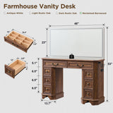 T4TREAM Makeup Vanity Desk with 48" HD Lighted Mirror, Farmhouse Vanity Desk with 8 Drawers, Vanity Table with 3 Color Modes, Dressing Table with Glass Top and Power for Bedroom(Reclaimed Barnwood) T4TREAM