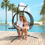 Double Hanging Egg Chair with Stand for Outdoor, Oversized 2 Person Wicker Rattan Swing Chair w/Convertible Armrest for Reclining Seat, All-Weather Cushion and Heavy Duty Frame, 700Lbs Cap. (Grey) DAIJIA CHINA