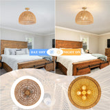 Rattan Ceiling Light Fixture, 4-Light Boho Semi Flush Mount Ceiling Light, 20" Wicker Light Fixture with Handmade Woven Cage Lampshade, Rattan Chandelier for Bedroom Hallway Nursery Kitchen Farmhouse Ledshaoyue