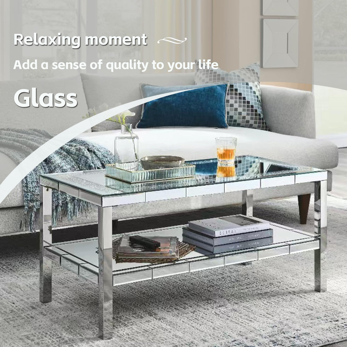 Olodumare Elegant 2 Tiers of Shiny Silver Mirrored Coffee Table, Crystals Inlay,and Stainless Steel Frame,Modern Rectangle Cocktail Table/End Table for Living Room and Kitchen, 35 Inches Olodumare