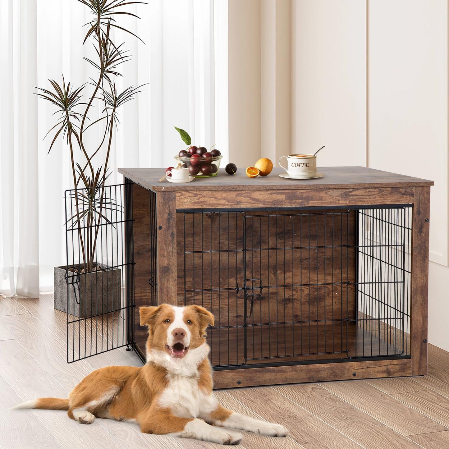 BestPet Dog Crate Furniture with Cushion, 38" Wooden Dog Crate with Double Door Modern Dog Kennel Indoor Side End Table Heavy Duty Dog Crate for Small and Medium Dogs,Brown