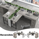 LVB Reversible Gray L Shaped Corner Desk, Farmhouse Wood Computer Desk with File Drawers Cabinets, Large Work Study Executive Home Office Desk with Storage Shelves for Bedroom, Light Grey Oak, 59 Inch LVB