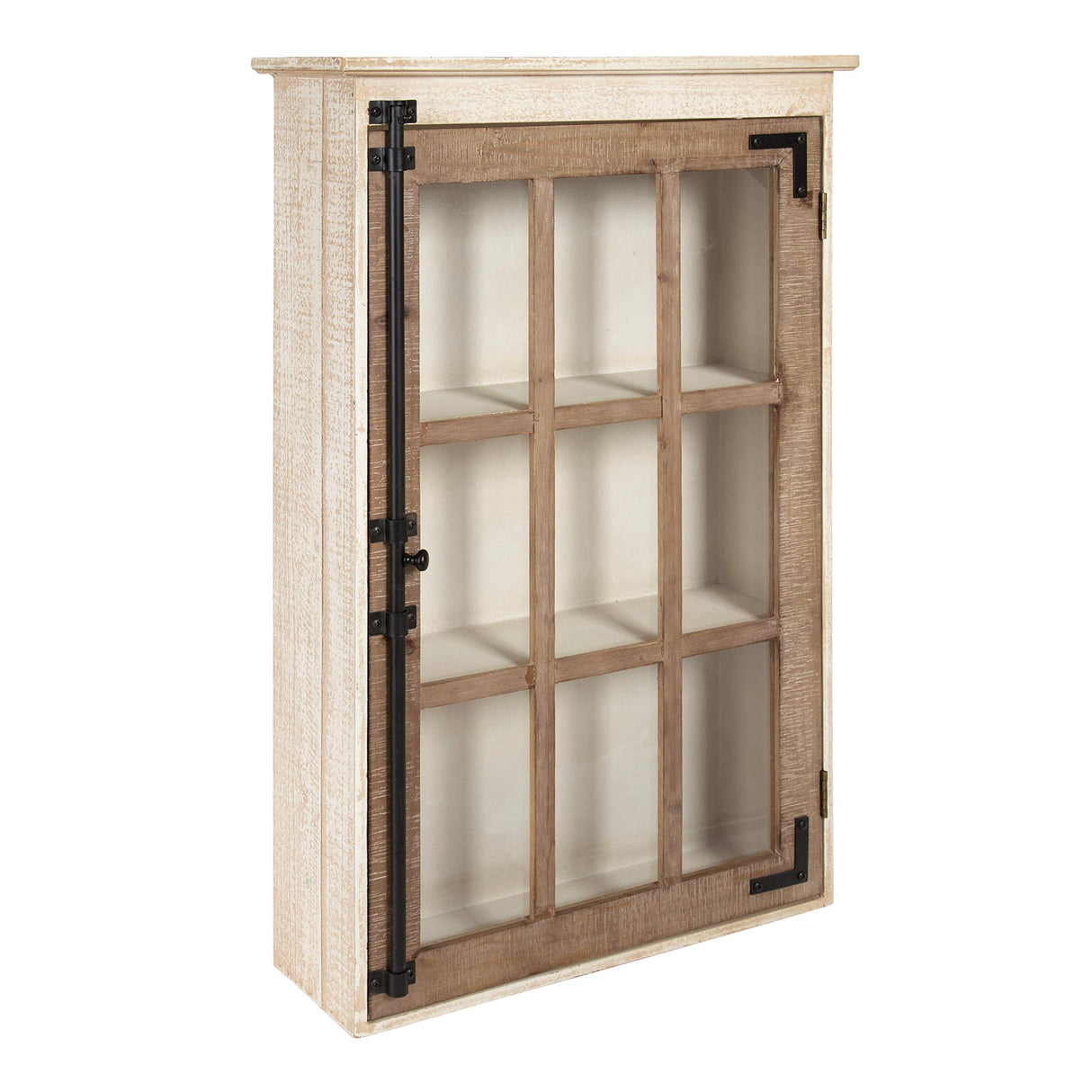 Kate and Laurel Hutchins Decorative Farmhouse Wood Wall Storage Cabinet with Window Pane Glass Door, Rustic and White Kate and Laurel