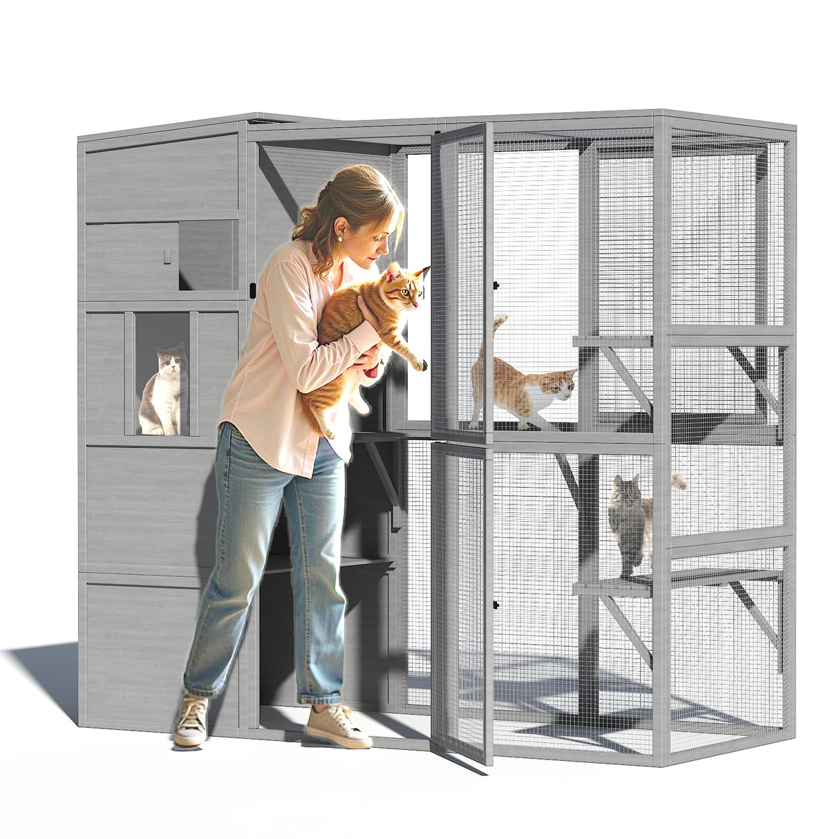 TIMHAKA Catio Outdoor Cat Enclosure, Large 4 Tiers Cat Catio Connect to Window, Cat Enclosures for Indoor Cats with Waterproof Roof, Cat Cage with Multi Jump Platforms and Resting House, 71 inch TIMHAKA
