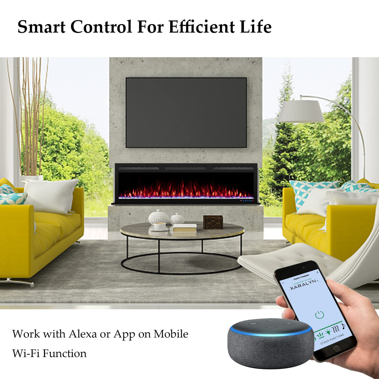 Dreamflame 72" WiFi-Enabled Electric Fireplace, Smart Control via Alexa or App, Recessed & Wall Mounted Fireplace Heater with Thermostat, Slim Frame, Multi-Color Combinations, Black Dreamflame