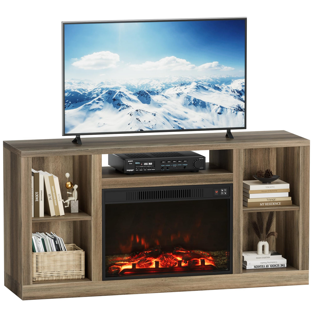 Furniwell Fireplace TV Stand for 65 Inch TV, Media Entertainment Center Console Table with 26" Electric Fireplace, Farmhouse TV Stand with Storage Cabinet for Living Room (Natural) Furniwell