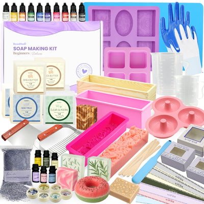 Soap Making Kit for Beginners | 6LBS Melt & Pour Soap Base - Shea Butter, Clear Glycerin & Goat Milk, All-in-one Soap Kit w/Molds, Fragrances, Colors, Soap Making Tools & Supplies for Adults (Deluxe)