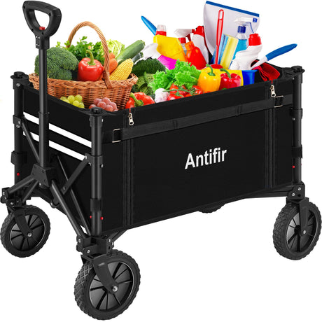 Antifir Collapsible Wagon with Large Capacity, Utility Wagons Carts Heavy Duty Foldable, Portable Folding Wagon with All-Terrain Wheels for Grocery Gardening Sports Shopping Fishing (Black) Antifir