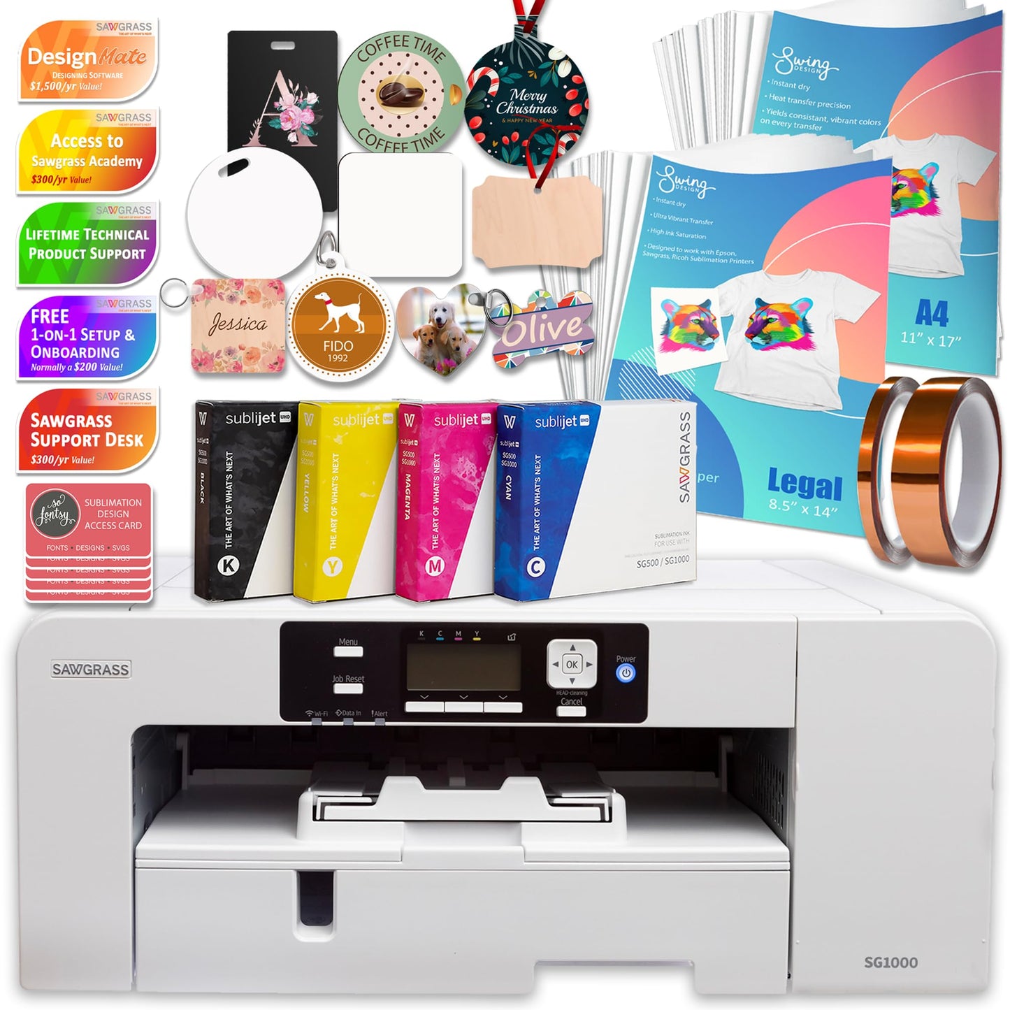 Sawgrass UHD Virtuoso SG1000 Sublimation Printer Starter Bundle with Inks, 300 Sheets of Sublimation Paper, Tape, & Blanks and Access to Exclusive Content