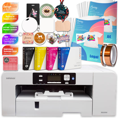 Sawgrass UHD Virtuoso SG1000 Sublimation Printer Starter Bundle with Inks, 300 Sheets of Sublimation Paper, Tape, & Blanks and Access to Exclusive Content