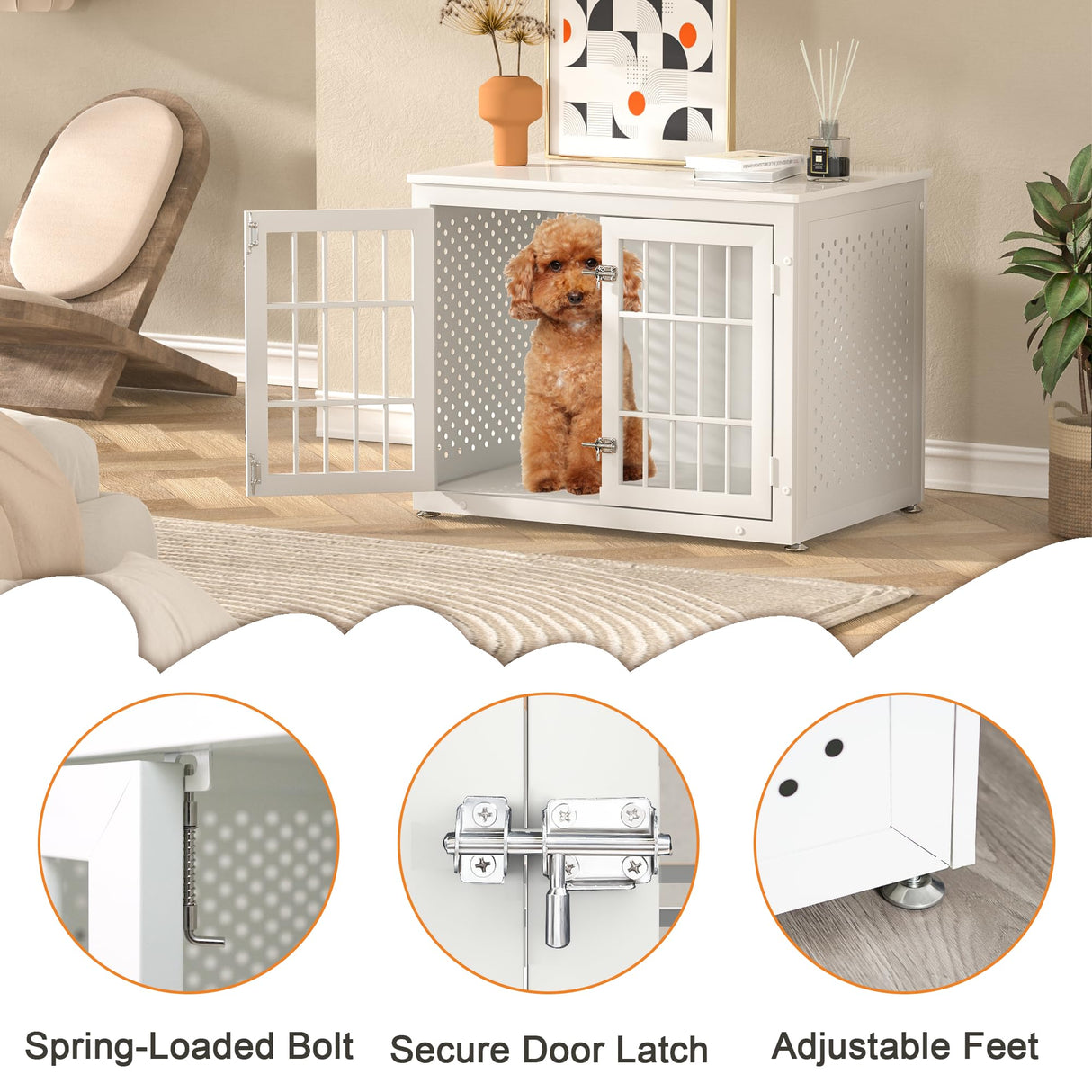 rehomerance Heavy Duty Dog Crate Furniture for Small and Medium Dogs, Indestructible Metal Kennel for High Anxiety Dogs, Chew Proof Pet Cage Indoor, Decorative Dog Kennel End Table, White rehomerance