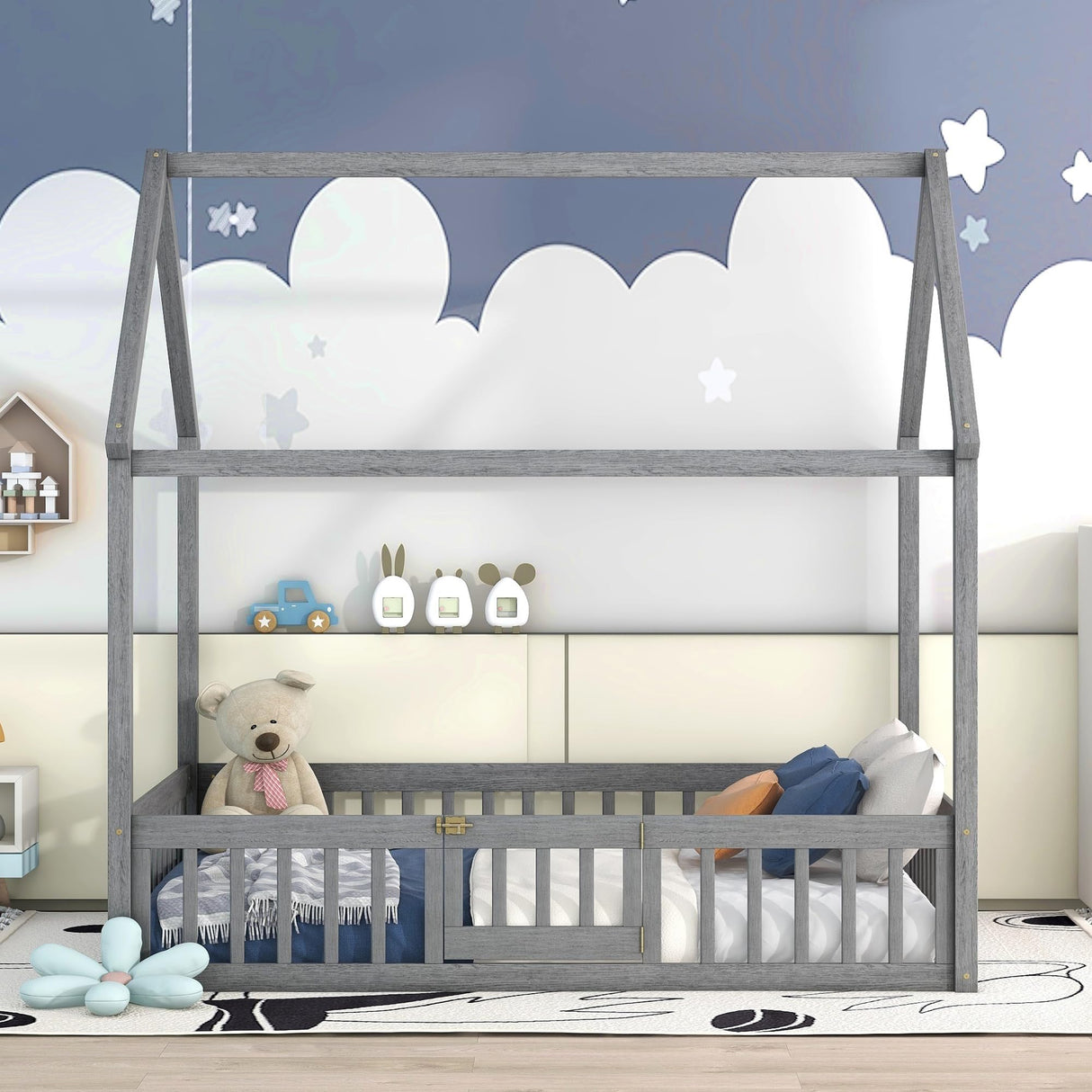 Harper & Bright Designs Grey Wash Full Montessori House Bed with Fence and Door for Kids Harper & Bright Designs