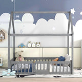 Harper & Bright Designs Grey Wash Full Montessori House Bed with Fence and Door for Kids Harper & Bright Designs