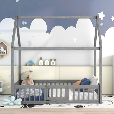 Harper & Bright Designs Grey Wash Full Montessori House Bed with Fence and Door for Kids Harper & Bright Designs