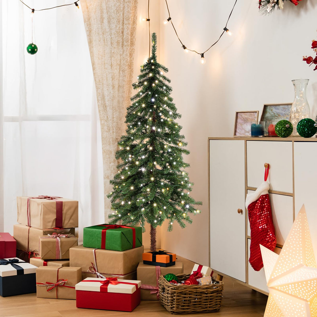 VINGLI 5ft Pre-lit Artificial Christmas Tree with Warm White LED Light, Slim Xmas Tree with 230 Realistic Branch Tips for Home, Office, Party Decoration Indoor Outdoor VINGLI