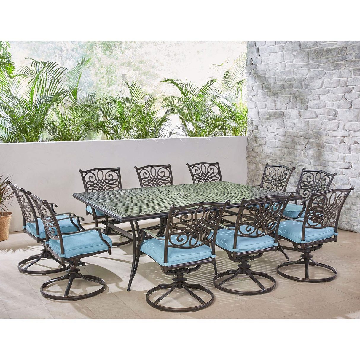 Hanover Traditions 11-Piece Modern Outdoor Dining Set with Rust Resistant Cast Aluminum Rectangular Large Dining Table and 10 Swivel Rocker Chairs with Plush Weather Resistant Blue Cushions Hanover